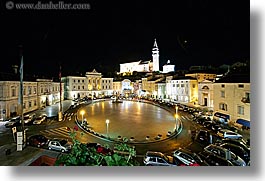 bell towers, churches, cityscapes, europe, horizontal, long exposure, nite, piazza, pirano, slovenia, photograph