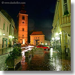 bell towers, buildings, europe, long exposure, nite, ptuj, slovenia, square format, towns, photograph