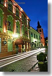 buildings, europe, hotels, long exposure, motion blur, nite, ptuj, slovenia, towns, vertical, photograph