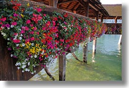 bridge, covered, covered bridge, europe, flowers, horizontal, lucerne, structures, switzerland, towns, photograph