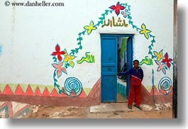 africa, blues, boys, doors, egypt, horizontal, nubian village, paintings, smiling, photograph