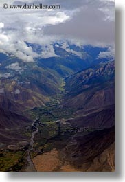 aerial clouds, asia, bhutan, clouds, mountains, valley, vertical, photograph