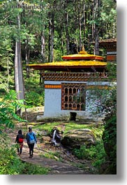 asia, bhutan, buildings, forests, houses, lush, nature, plants, trees, vertical, photograph
