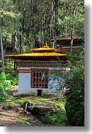 asia, bhutan, buildings, forests, houses, lush, nature, plants, trees, vertical, photograph