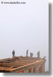 asia, asian, bhutan, buddhist, construction, dochula pass, fog, religious, style, vertical, workers, photograph