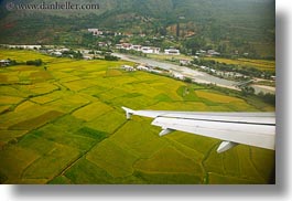 airplane, asia, bhutan, colors, fields, green, horizontal, landscapes, lush, nature, rice, rice fields, wings, photograph