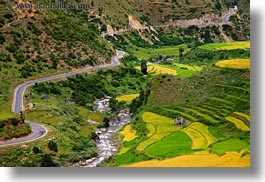 asia, bhutan, cars, colors, fields, green, horizontal, landscapes, lush, nature, rice, rice fields, rivers, photograph