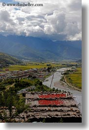 asia, bhutan, chilis, clouds, colors, green, landscapes, nature, rivers, roofs, sky, valley, vertical, photograph