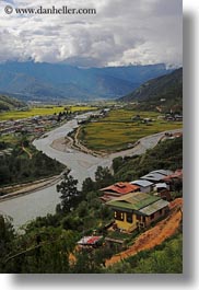 asia, bhutan, clouds, colors, green, landscapes, nature, rivers, sky, valley, vertical, photograph
