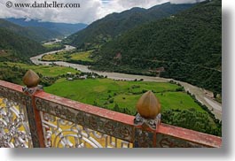 asia, balconies, bhutan, buddhist, clouds, colors, from, green, horizontal, landscapes, nature, religious, rivers, sky, valley, photograph