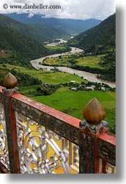 asia, balconies, bhutan, buddhist, clouds, colors, from, green, landscapes, nature, religious, rivers, sky, valley, vertical, photograph