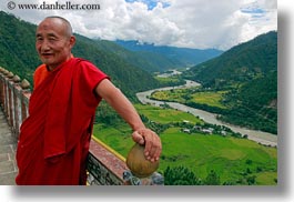 asia, asian, bhutan, buddhist, clothes, colors, emotions, horizontal, landscapes, men, monks, people, red, religious, rivers, robes, smiles, style, photograph