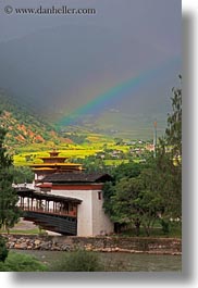 asia, asian, bhutan, bridge, buddhist, people, punakha dzong, rainbow, religious, temples, vertical, photograph