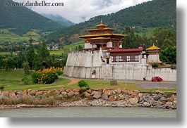 asia, asian, bhutan, buddhist, cars, horizontal, people, punakha dzong, red, religious, temples, photograph
