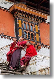 asia, asian, bhutan, buddhist, clothes, monks, people, religious, rinpung dzong, robes, stairs, style, vertical, photograph