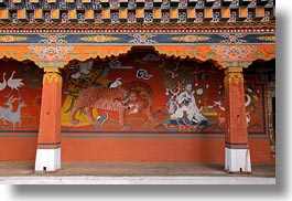 asia, asian, bhutan, buddhist, horizontal, paintings, religious, rinpung dzong, style, tigers, photograph