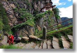 asia, bhutan, buddhist, clothes, horizontal, monks, religious, robes, stairs, taktsang, temples, walking, photograph