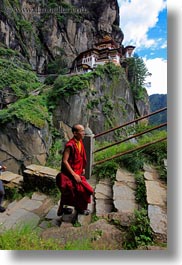 asia, bhutan, buddhist, clothes, monks, religious, robes, stairs, taktsang, temples, vertical, walking, photograph