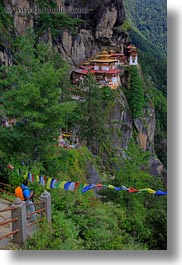 asia, bhutan, buddhist, cliffs, flags, prayer flags, prayers, religious, taktsang, temples, vertical, photograph