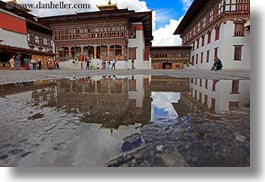 asia, asian, bhutan, buddhist, horizontal, nature, puddle, reflections, religious, style, tashichho dzong, temples, water, photograph
