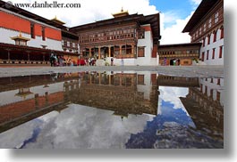 asia, asian, bhutan, buddhist, horizontal, nature, puddle, reflections, religious, style, tashichho dzong, temples, water, photograph