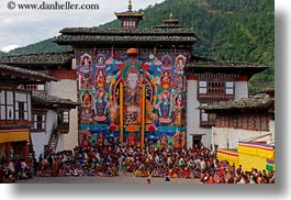 asia, asian, bhutan, crowds, horizontal, people, style, tapestry, under, wangduephodrang dzong, photograph