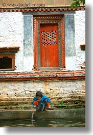 asia, asian, bhutan, drinking, girls, people, vertical, wangduephodrang dzong, water, photograph