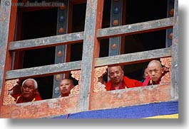 asia, asian, balconies, bhutan, buddhist, clothes, horizontal, monks, people, religious, robes, style, wangduephodrang dzong, photograph