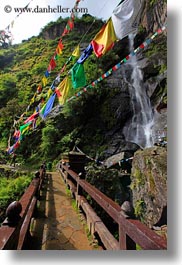asia, bhutan, bridge, buddhist, flags, lush, nature, prayer flags, religious, vertical, water, waterfalls, photograph