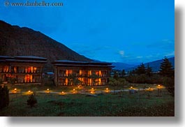 asia, bhutan, glow, grounds, horizontal, hotels, lights, zhiwa ling hotel, photograph