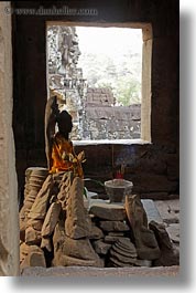 angkor thom, asia, bayon, buddhas, cambodia, incense, vertical, photograph
