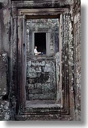 angkor thom, asia, bayon, cambodia, men, sitting, vertical, windows, photograph