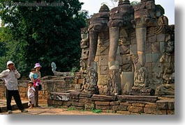 angkor thom, asia, cambodia, elephant terrace, elephants, horizontal, people, stones, walls, photograph