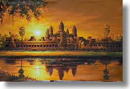 angkor wat, asia, cambodia, horizontal, moat, paintings, sunrise, photograph