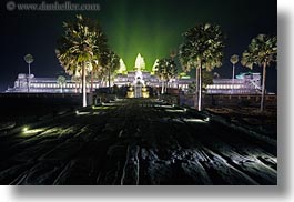 angkor wat, asia, cambodia, green, horizontal, illuminated, long exposure, nite, paths, stones, towers, photograph
