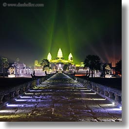 angkor wat, asia, cambodia, green, illuminated, long exposure, nite, paths, square format, squares, stones, towers, photograph