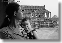 angkor wat, asia, black and white, cambodia, childrens, horizontal, mothers, people, photograph
