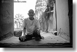 angkor wat, asia, black and white, cambodia, horizontal, men, old, people, windows, photograph