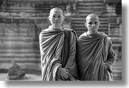 angkor wat, asia, black and white, browns, cambodia, horizontal, monks, people, robes, two, photograph