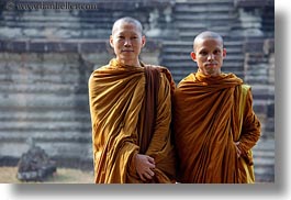 angkor wat, asia, browns, cambodia, horizontal, monks, people, robes, two, photograph