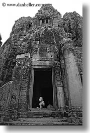 angkor wat, asia, black and white, cambodia, doorways, old, people, vertical, womens, photograph