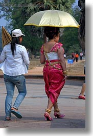 angkor wat, asia, cambodia, dresses, people, traditional, umbrellas, vertical, womens, photograph
