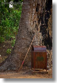 asia, banteay srei, brooms, cambodia, cans, trash, trees, vertical, photograph