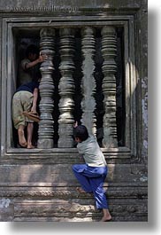 asia, beng mealea, boys, cambodia, vertical, windows, photograph
