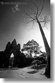 asia, black and white, cambodia, gates, silhouettes, south gate, vertical, photograph