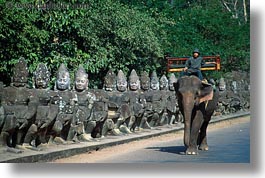 asia, cambodia, elephants, gates, horizontal, men, riding, south gate, photograph