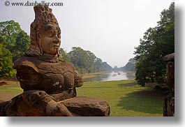 asia, cambodia, gates, horizontal, moat, south gate, statues, photograph