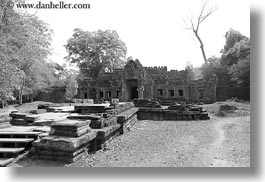 asia, black and white, cambodia, entry, gates, horizontal, preah khan, photograph