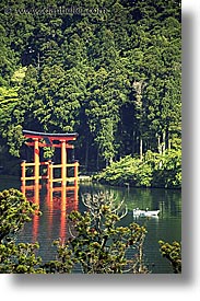 asia, boats, gates, hakone, japan, landscapes, torii, vertical, photograph