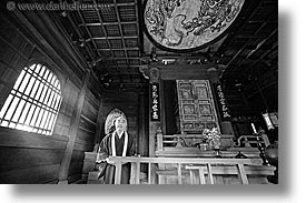 asia, black and white, horizontal, japan, koto in, kyoto, priests, temples, photograph
